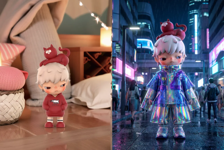 A creative demonstration of AI fashion applying futuristic elegance textures and iridescent fabrics to a digital toy character.