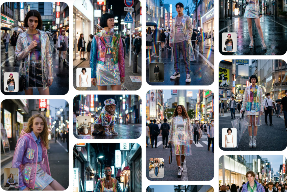 A diverse collection of futuristic elegance outfit ideas generated by WeShop AI, featuring high-tech fabrics, geometric patterns, and holographic designs for various styles.