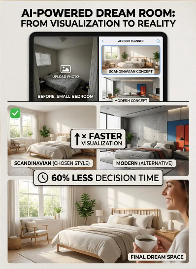 An AI room planner app interface showing a "Before" photo of a small bedroom and two AI-generated concepts: Scandinavian and Modern styles.