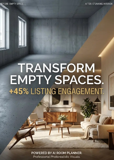 A split-screen visual showing an empty concrete room being transformed into a stylish, fully furnished modern living room with the text "+45% Listing Engagement."