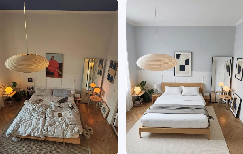 Before and after comparison of a messy bedroom with a blue ceiling transformed into a clean, bright, minimalist Scandi-style bedroom using AI.