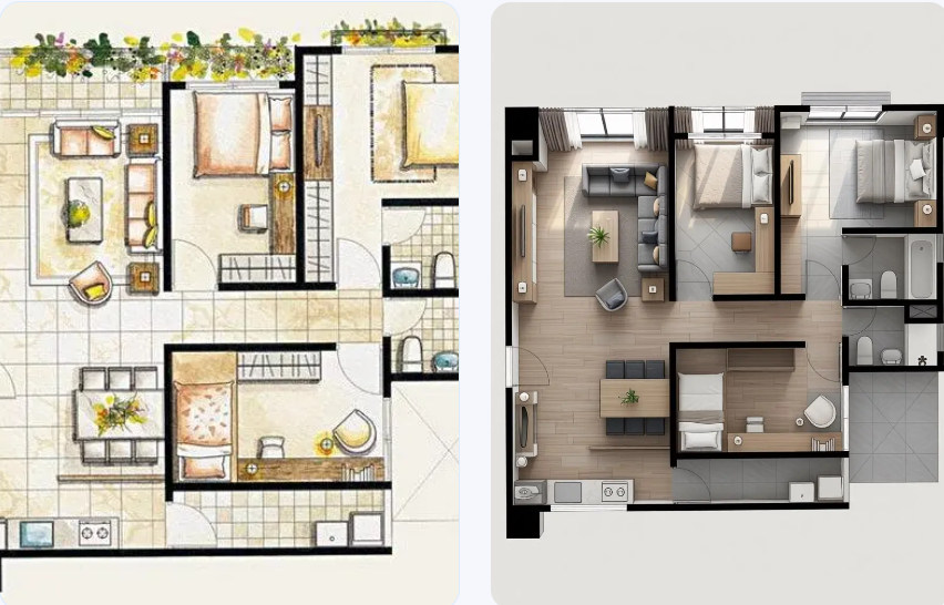 A side-by-side comparison of a colorful 2D hand-drawn floor plan and its corresponding photorealistic 3D top-down perspective render.