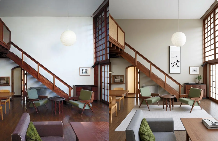 A high-ceiling living room with a wooden staircase showing a subtle AI enhancement, adding a rug, wall art, and refined lighting to the original space.