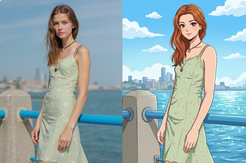 photo-to-anime-woman-waterfront – WeShop AI Blog Comparison of a woman at a waterfront in real life vs anime style generated by an Anime Image Converter.