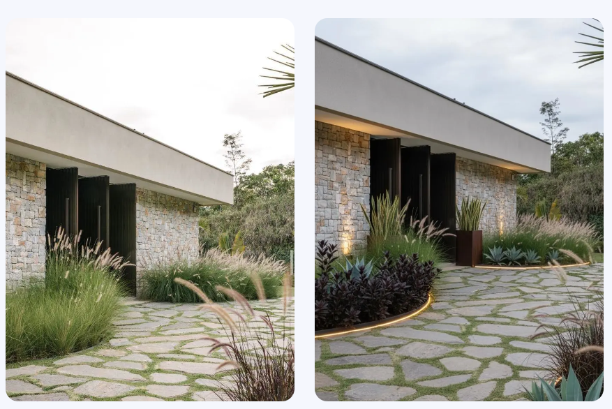 A before-and-after backyard comparison showing a plain lawn transformed into a professional garden layout using a free AI landscape design tool.