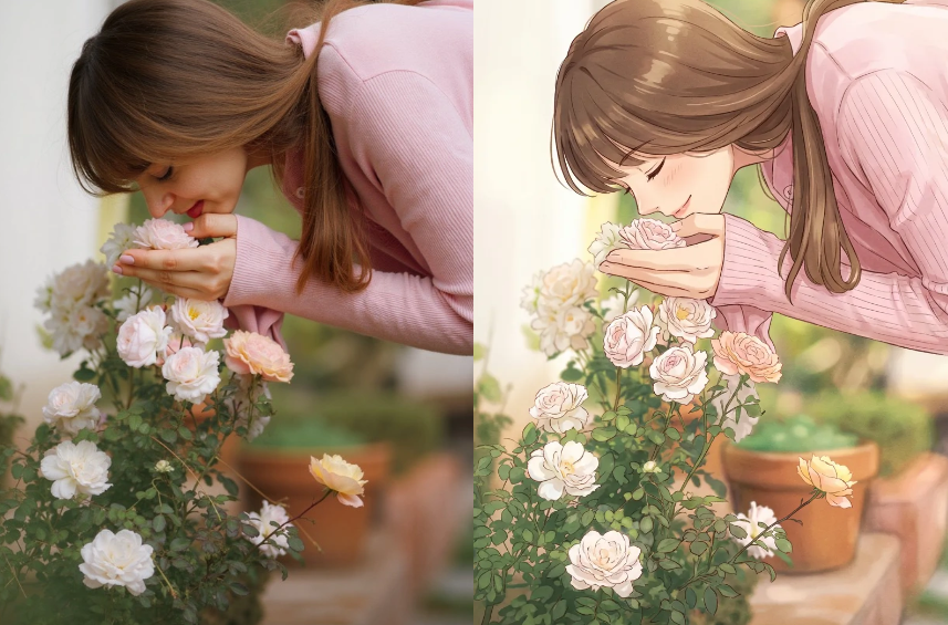 image-50 – WeShop AI Blog A romantic photo of a woman smelling roses transformed into a soft-lit anime illustration using an Anime Image Converter.