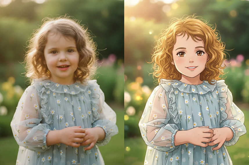 image-51 – WeShop AI Blog A side-by-side view of a young girl with curly hair in a garden; real photo vs. a cute anime character adaptation with expressive eyes.