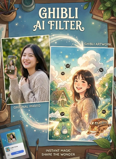 A girl's portrait converted into a Ghibli-style illustration featuring Totoro, Catbus, and Soot Sprites, generated by the Weshop AI Ghibli filter.