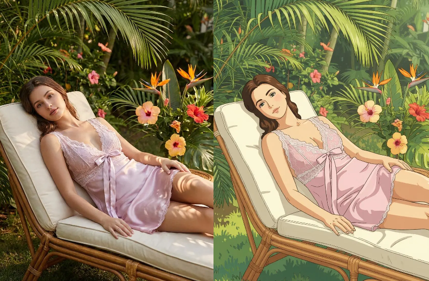 A side-by-side view of a woman relaxing on a garden lounge chair in real life versus a vibrant Ghibli anime version created with Weshop AI.