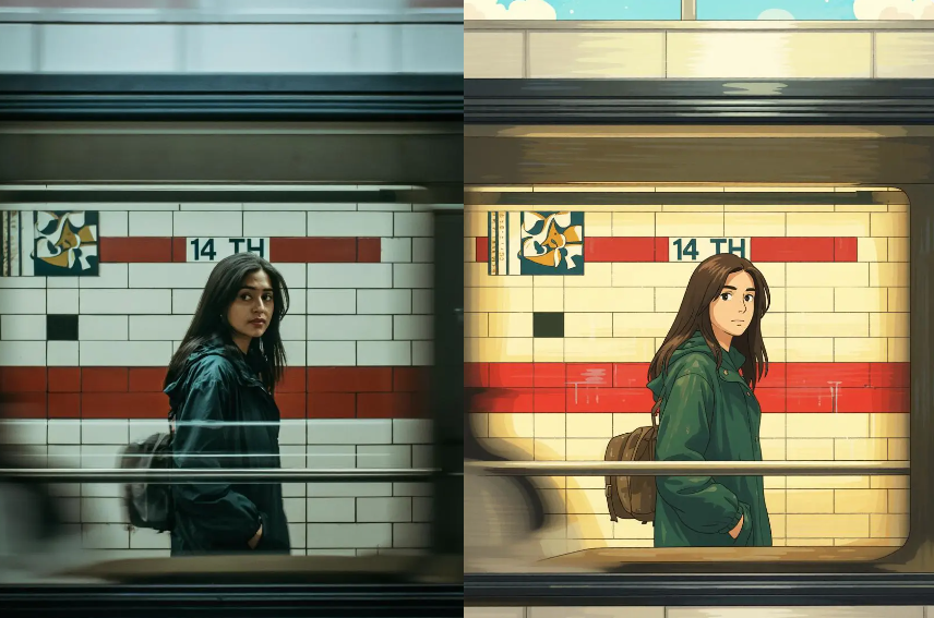 A cinematic comparison of a woman at a "14 TH" subway station, showing the transition from a real photo to a Ghibli-style movie frame via Weshop AI.