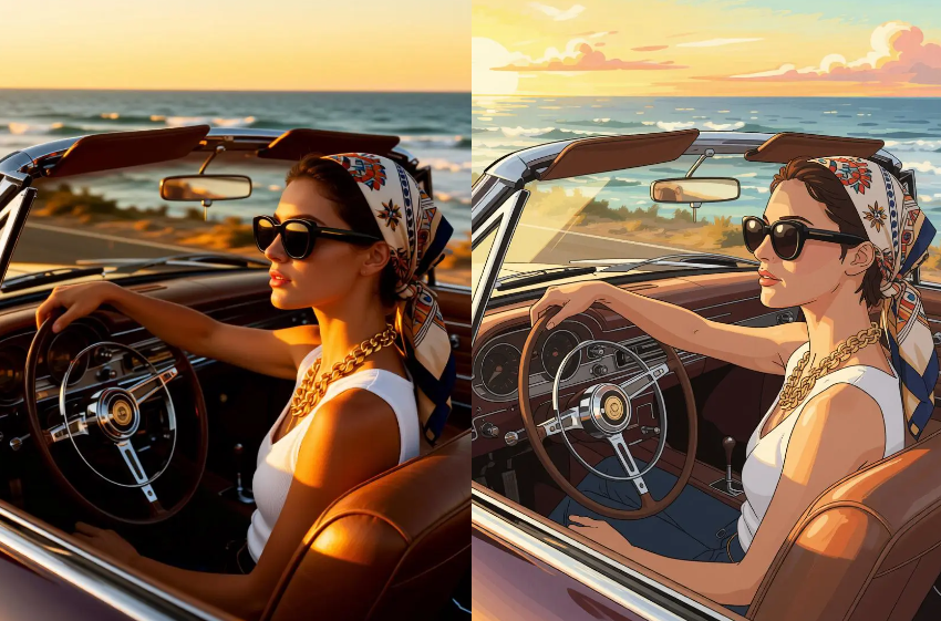 A woman driving a vintage convertible by the ocean transformed into a colorful, nostalgic Ghibli-inspired digital artwork using Weshop AI.