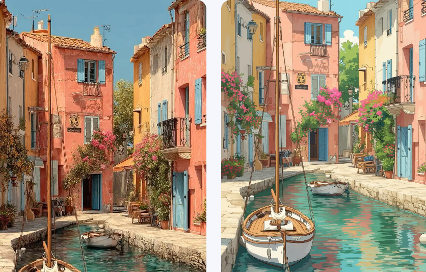 A before-and-after comparison of a European canal street with colorful buildings and a boat, reimagined in Ghibli’s hand-painted environment art style using Weshop AI.