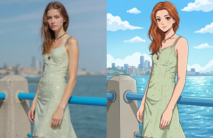 A side-by-side comparison of a young woman in a green floral dress standing by a sunny waterfront, transformed into a high-quality anime character.