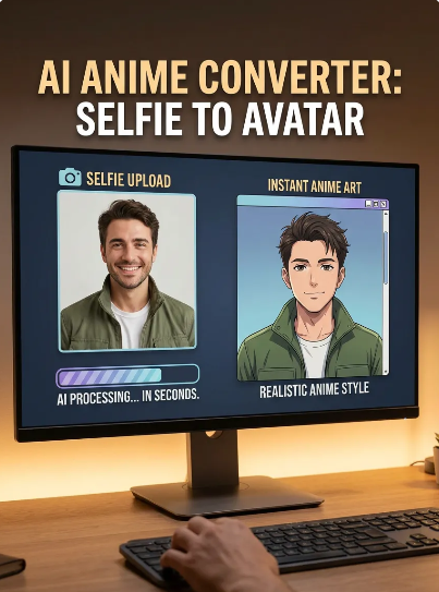 A computer monitor displaying the WeShop AI process of converting a man's casual selfie into a realistic anime avatar.