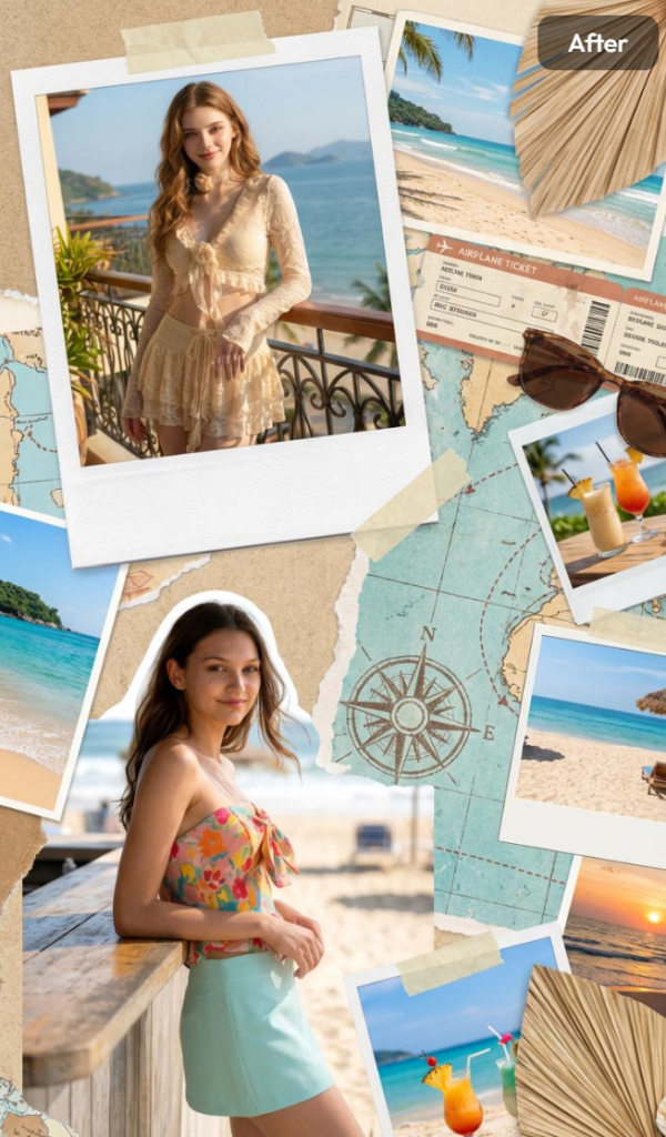 A creative travel collage featuring polaroid-style photos, a world map, a compass, and vacation elements like cocktails and airplane tickets.
