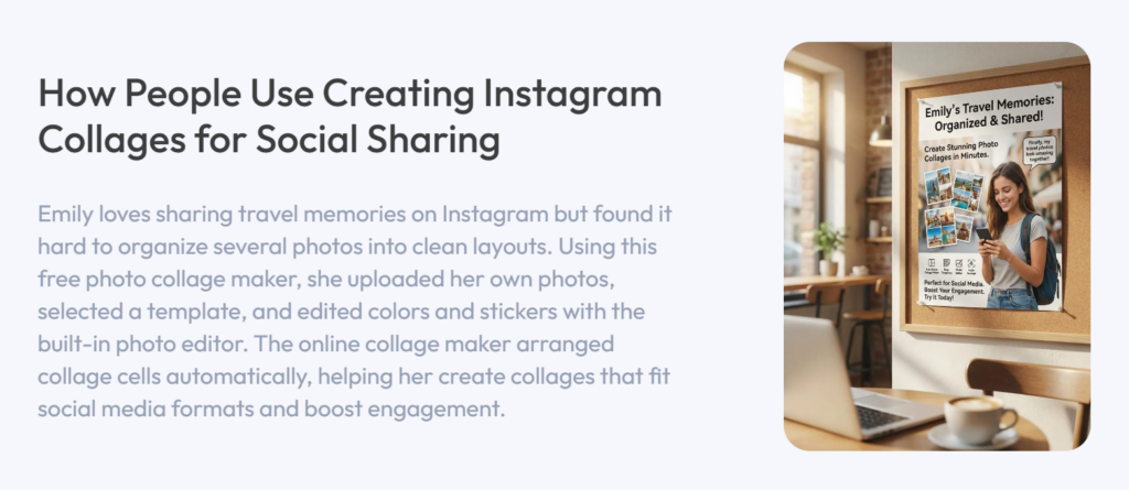 A digital graphic showing how to create Instagram collages, featuring a person looking at their phone next to a travel memory poster.