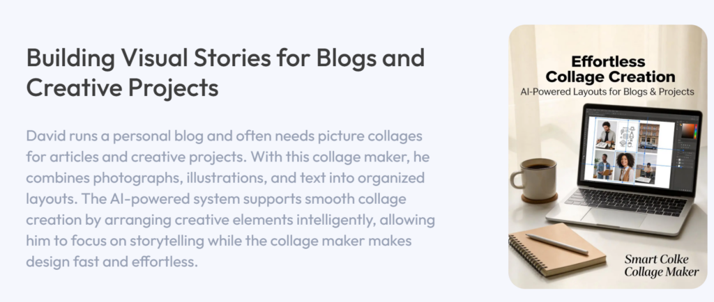 A workspace setup with a laptop displaying a professional photo grid alongside a coffee cup and a notebook.