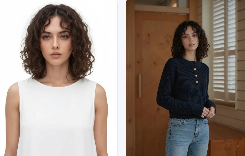 Before and after comparison of an AI model transformation, changing a white sleeveless top into a navy blue buttoned sweater.