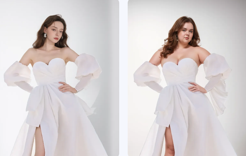 Comparison of a white off-the-shoulder wedding dress shown on a standard-size model and a plus-size AI-generated model.