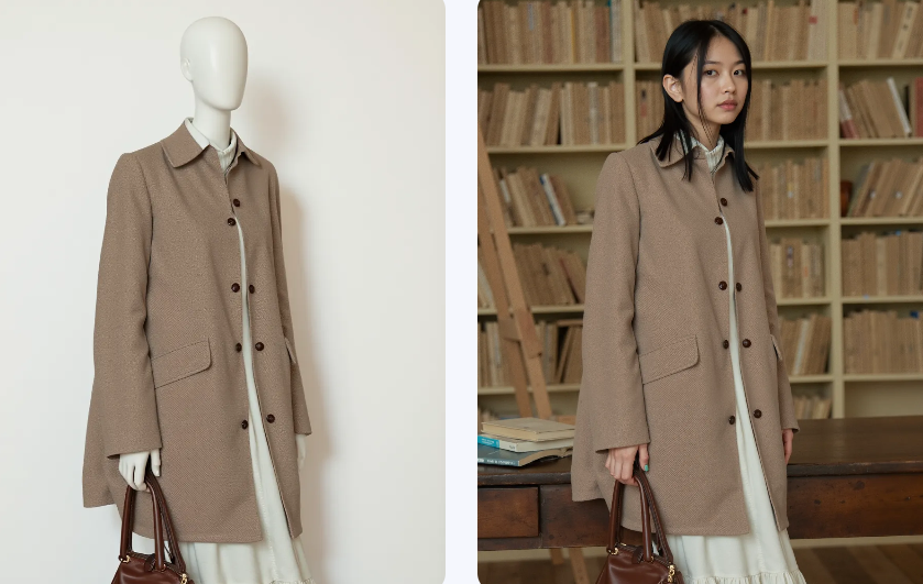 A "Before and After" shot showing a beige trench coat on a plastic mannequin versus the same coat on a realistic AI model in a library setting.