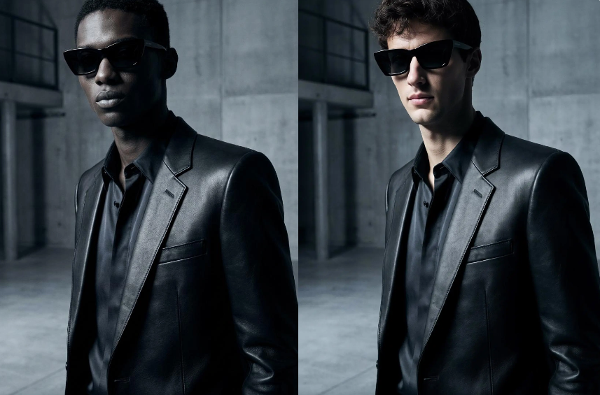 image-76 – WeShop AI Blog A side-by-side comparison of a black leather suit being worn by two different male models, demonstrating how AI can swap model personas while keeping the clothing details sharp.