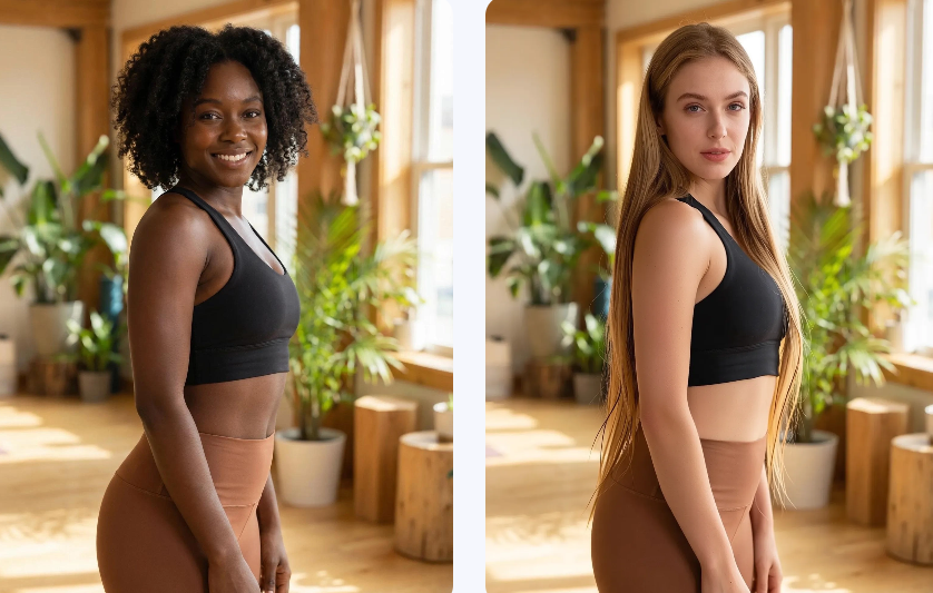 Diversifying Activewear Presentation via AI – WeShop AI Blog Side-by-side comparison of two female models in the same yoga outfit, showing a change in ethnicity and hairstyle through AI face swapping.