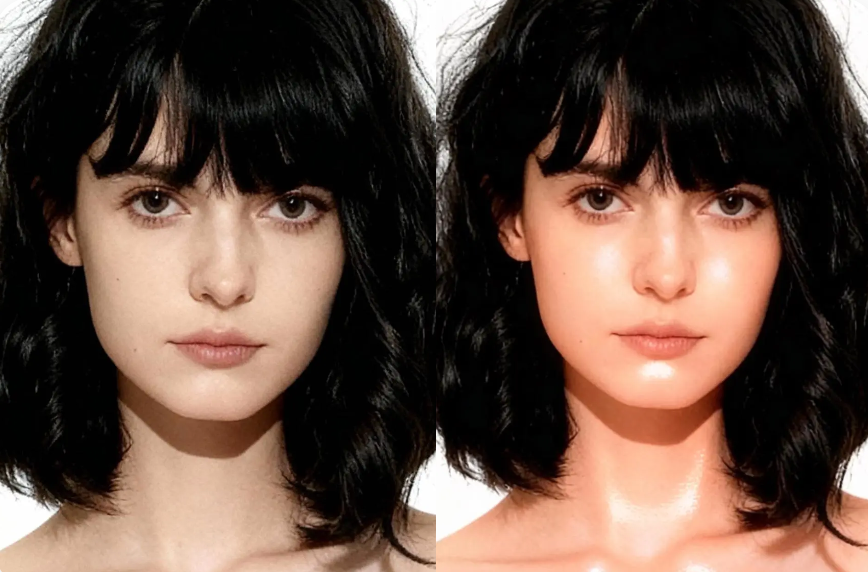 Side-by-side comparison of a woman in a red dress being transformed into a white dress through AI local editing.