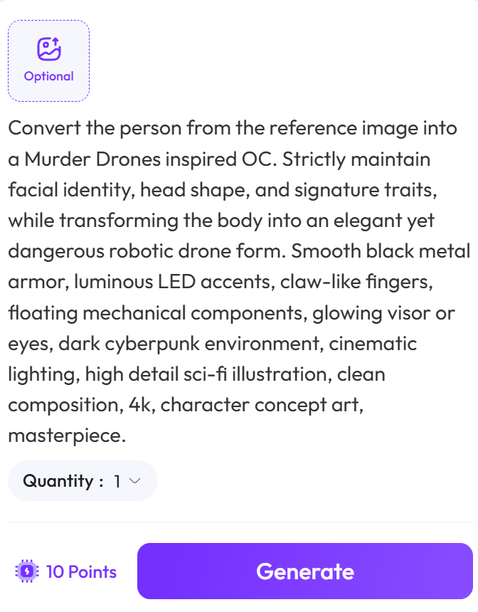 Screenshot of the Weshop AI dashboard showing the prompt input and settings used to create a Murder Drone OC.
