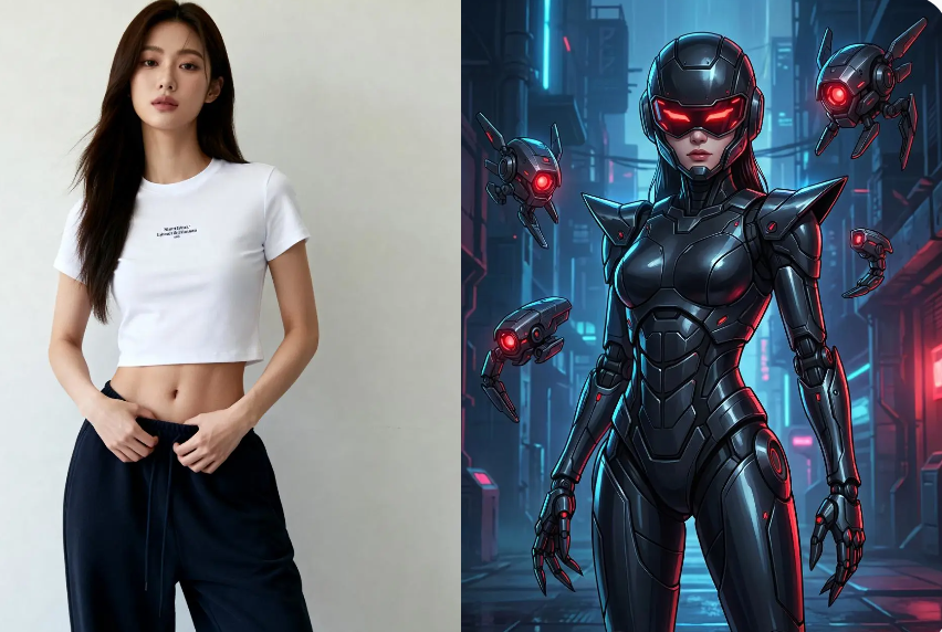 A side-by-side comparison showing a simple character base transformed into a detailed Murder Drone OC with glowing elements and tactical gear.