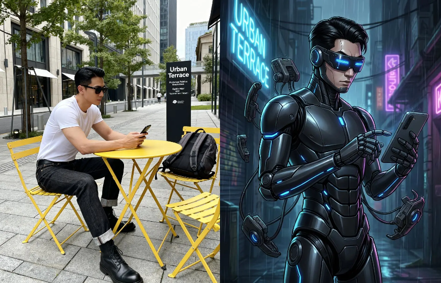 A high-quality character portrait of a custom Murder Drone OC with silver hair and glowing yellow eyes.