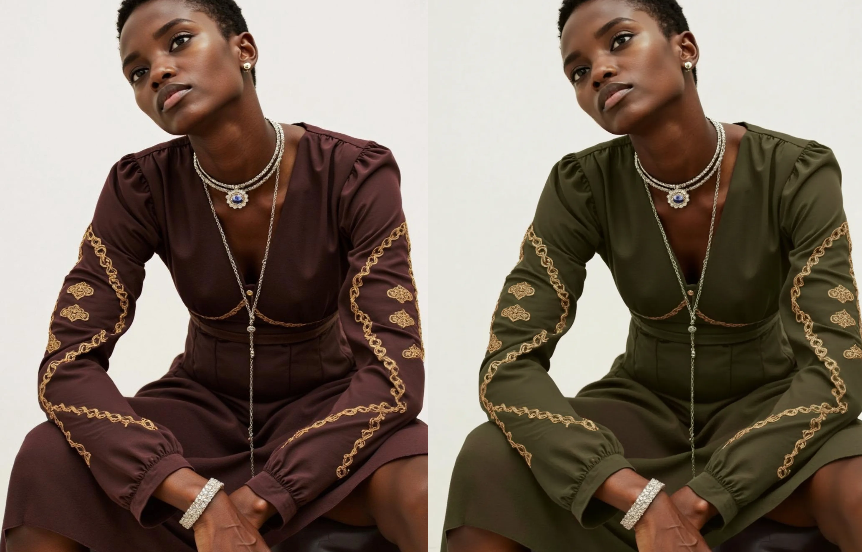 Product color comparison using AI: The same complex embroidered dress is shown in two colors—deep burgundy and dark olive—achieved effortlessly with AI photo recoloring.