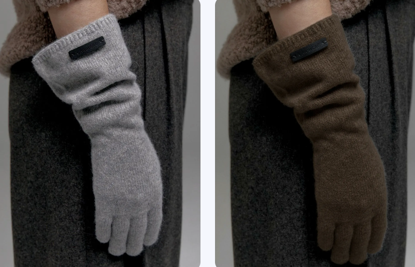 Recolor knitted accessories with AI: A comparison of the same cashmere knit glove with its leather tag, shown in original grey and an AI-recolored dark brown.