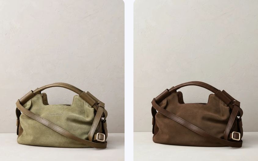 A side-by-side view of a premium suede handbag, comparing the original olive green version with a perfectly matched dark brown alternative created using AI.