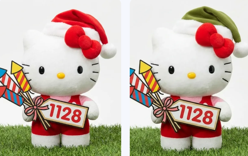 Precise partial recoloring with AI: A Hello Kitty plush doll in a festive outfit, where only the Santa hat color is changed from red to olive green, keeping all other details identical.