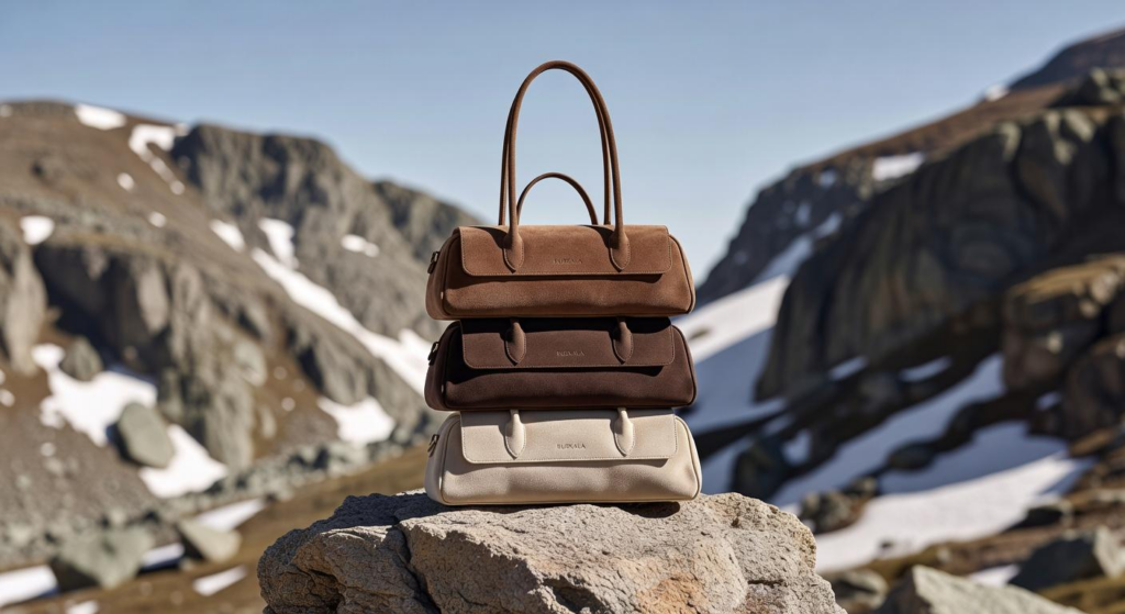 Three stacked suede tote bags, in light brown, dark brown, and cream, branded 'HUKAMA', placed on a rock in a mountain setting.