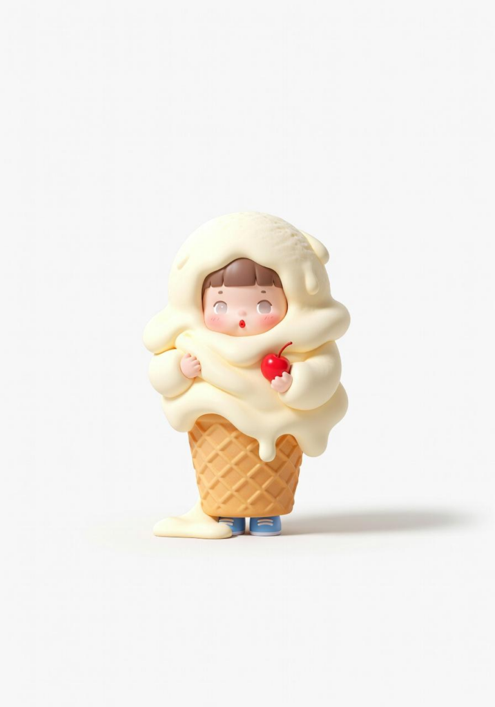 A whimsical AI-generated vinyl toy of a small figure, encased in a melting vanilla ice cream outfit, holding a cherry and wearing a waffle cone as a base.