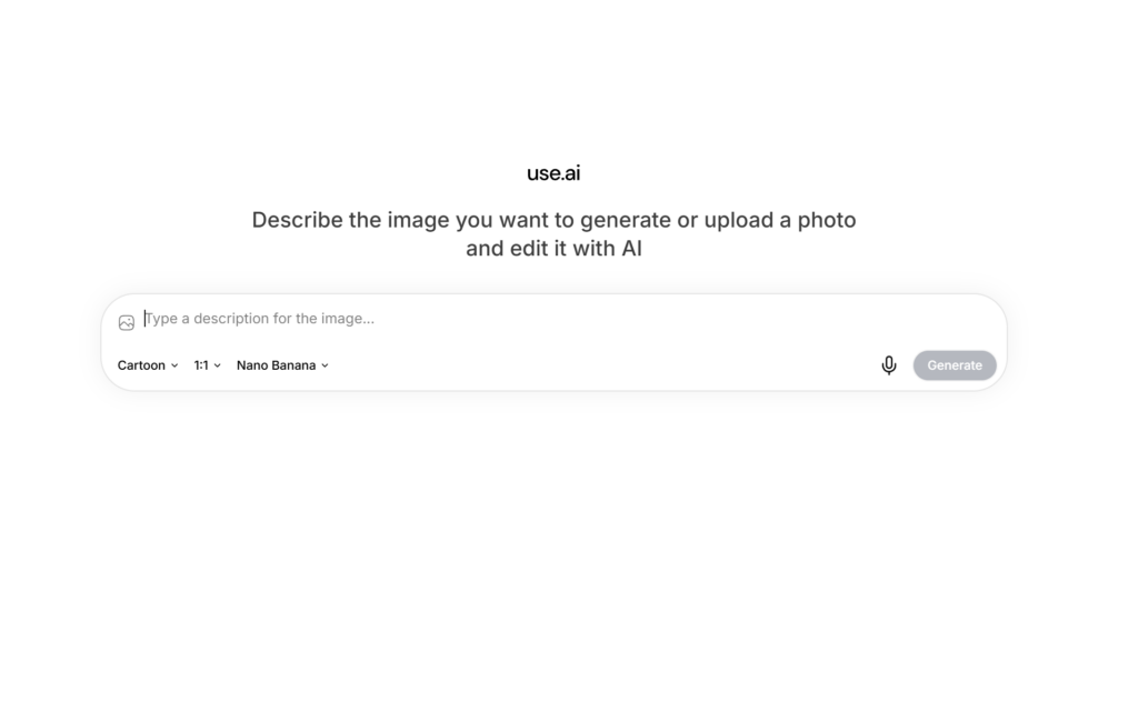 A minimalist user interface of an AI-powered image generation and editing tool, featuring a clean description field and simple settings for style and aspect ratio.