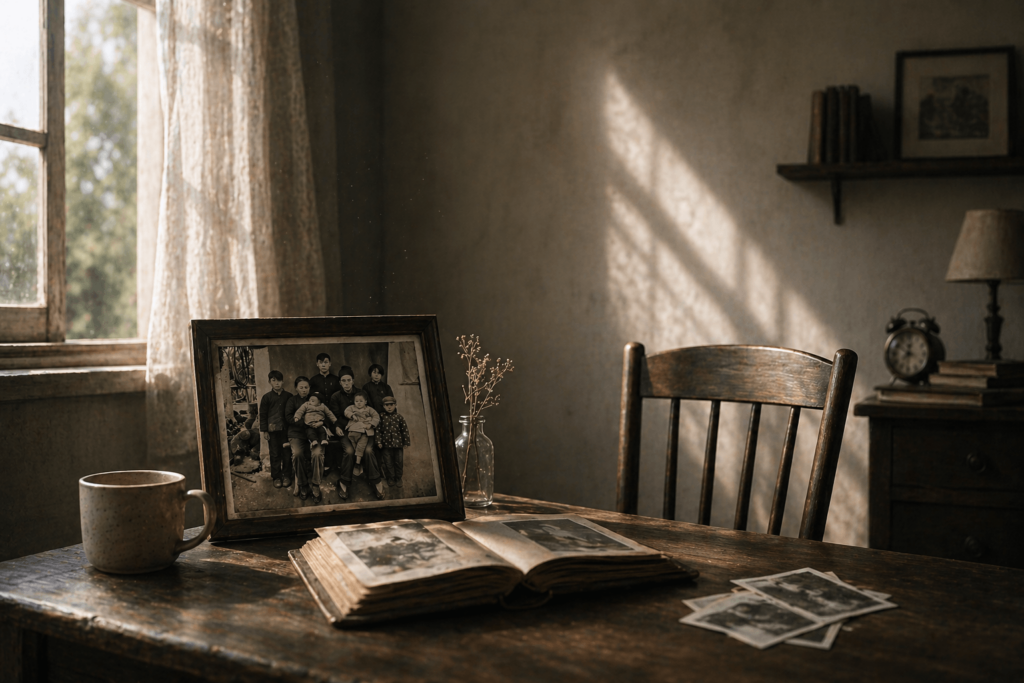 A cinematic still of a wooden desk bathed in soft morning light, featuring a framed AI-restored family portrait next to an open vintage photo album and a ceramic cup.