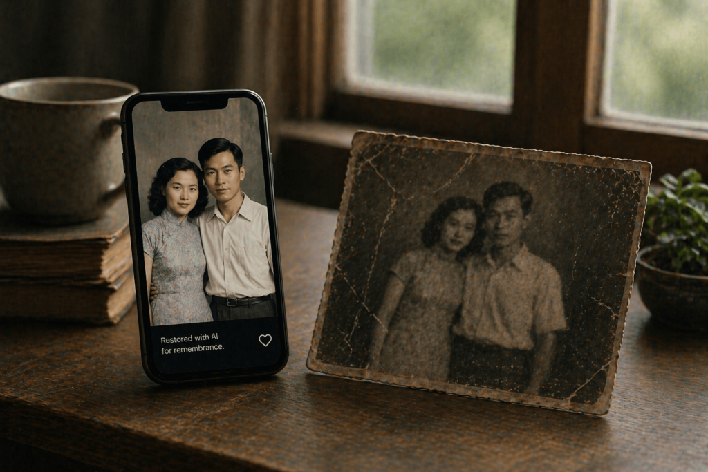 A damaged, cracked physical photograph of a young couple from the mid-20th century leaning against a wall, contrasted with a smartphone screen showing a flawlessly restored version of the same image.