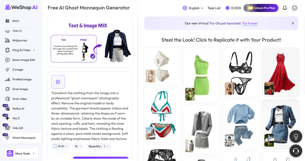 Screenshot of WeShop AI interface showing various tools like Ghost Mannequin, Qwen Image Edit, and image generation options.