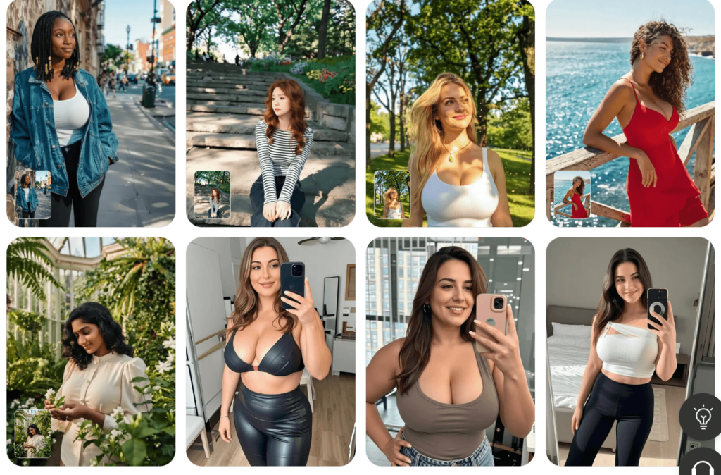 A grid displaying a diverse group of fashion and content creators with naturally refined body proportions and stylish outfits, all achieved using WeShop AI Breast Expansion.