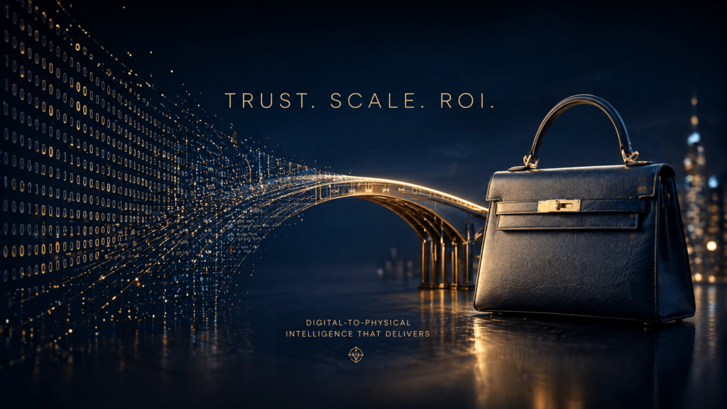 An abstract visual representation of a glowing bridge where golden binary code transforms into a premium black leather handbag, featuring the central text: TRUST. SCALE. ROI.