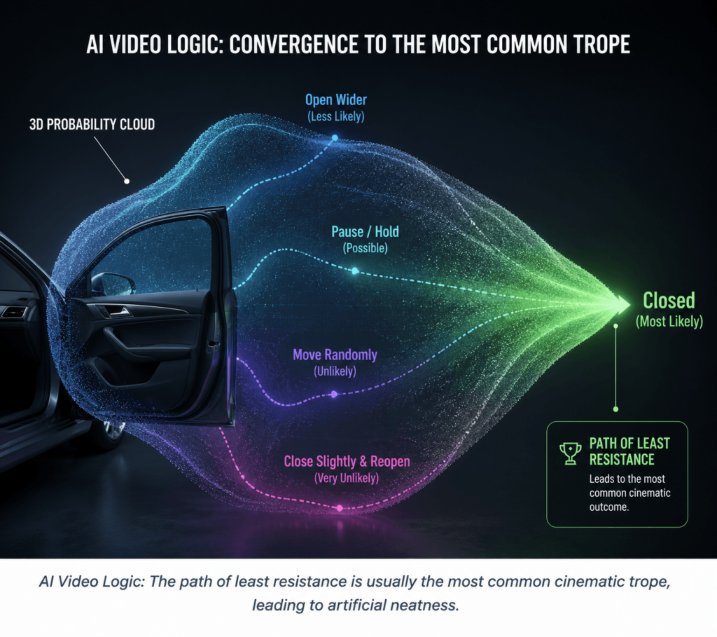 Infographic explaining AI video logic convergence, showing a 3D probability cloud around a car door where 'Closed' is the path of least resistance and most likely cinematic trope.