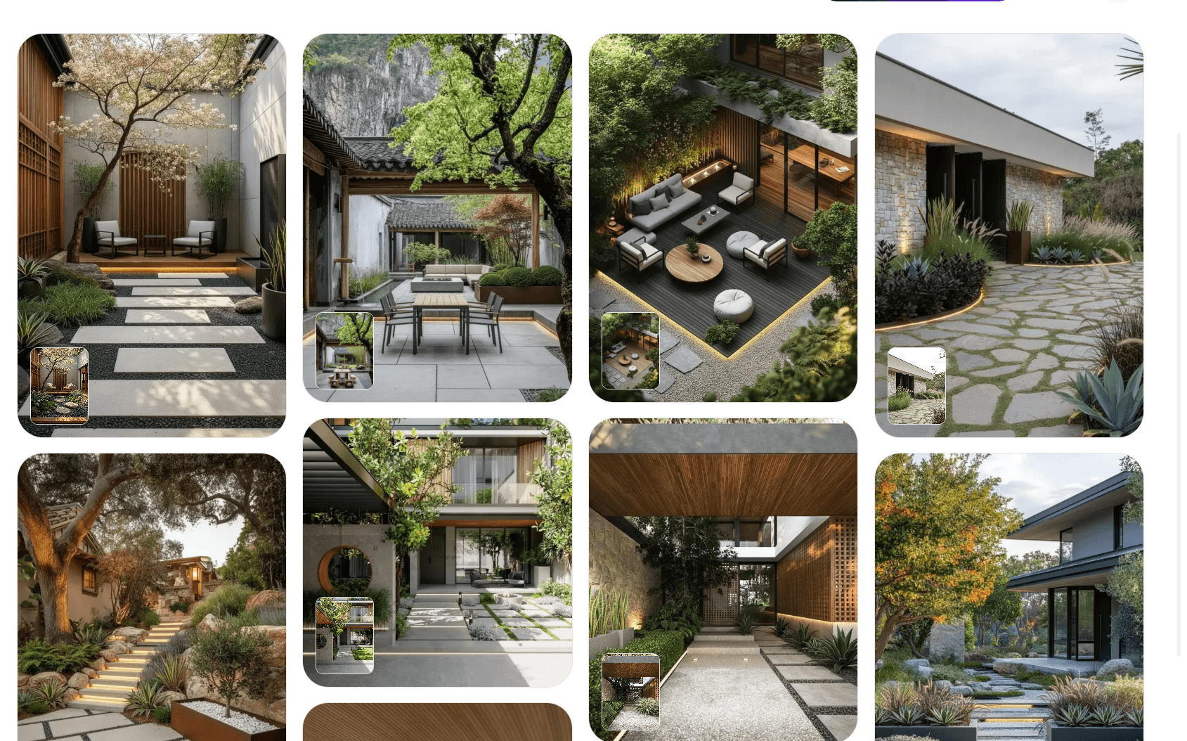 A grid showcase of various outdoor garden styles generated by WeShop AI, including Zen, modern, and luxury layouts, demonstrating the versatility of the Free AI Landscape Design tool.