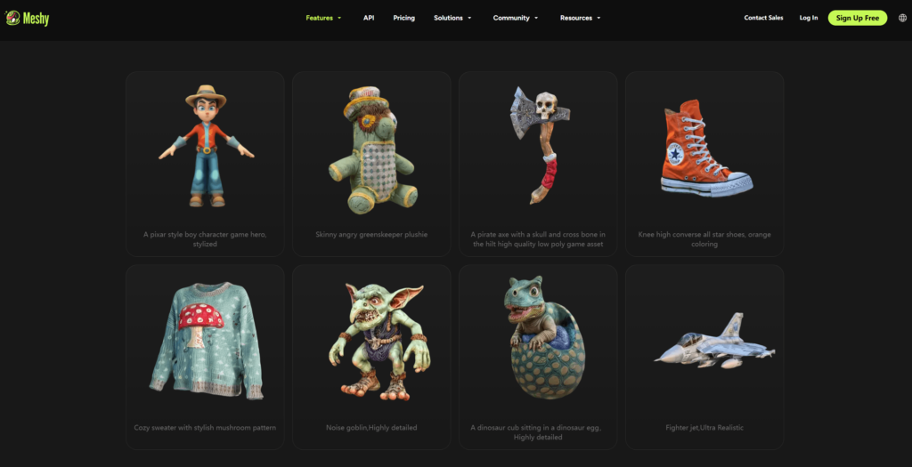 The Meshy AI website interface featuring a grid of 3D models including a Pixar-style boy, a pirate axe, and a fighter jet.