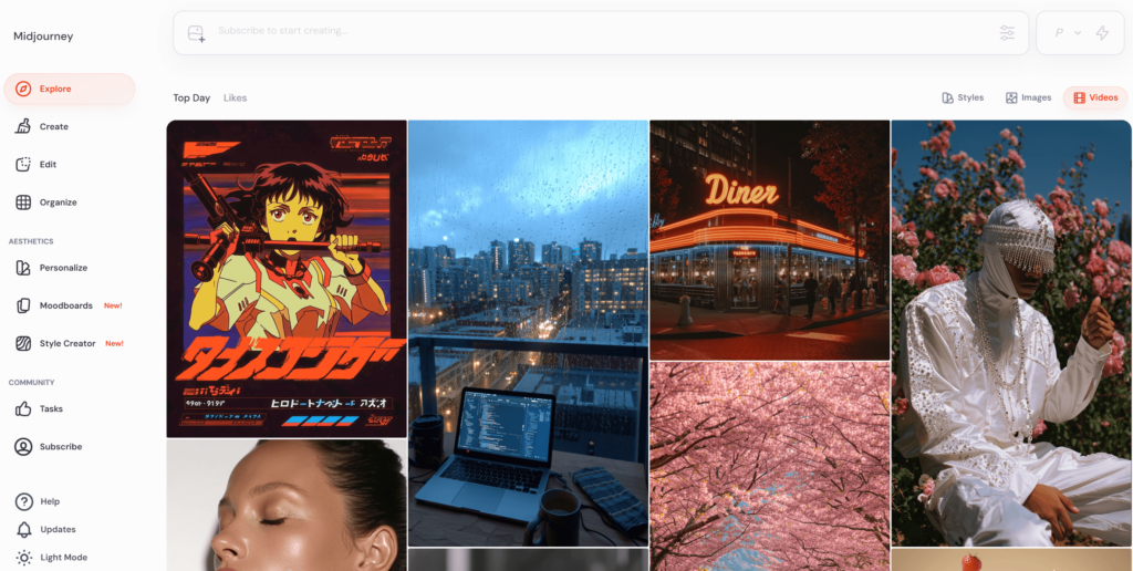 The explore and dashboard view of the Midjourney AI image generator interface, showing a gallery of various user-created images and generation tools.