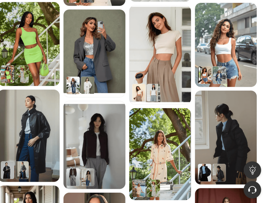A Pinterest-style grid layout showcasing various AI-generated fashion photos in outdoor, office, and studio environments.