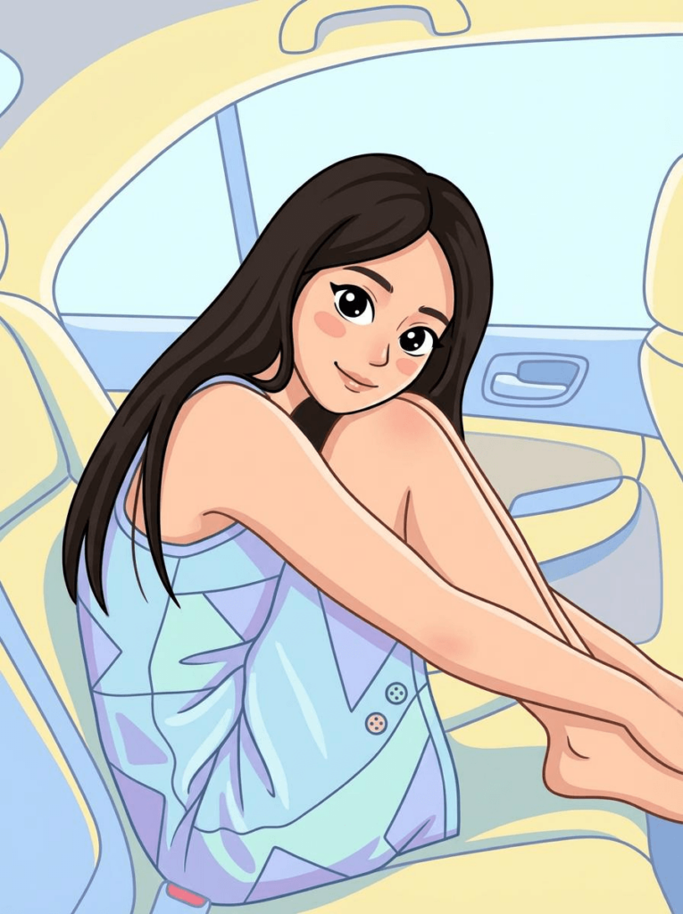 A cute anime character with long dark hair sitting inside a car, showing the versatility of character backgrounds.