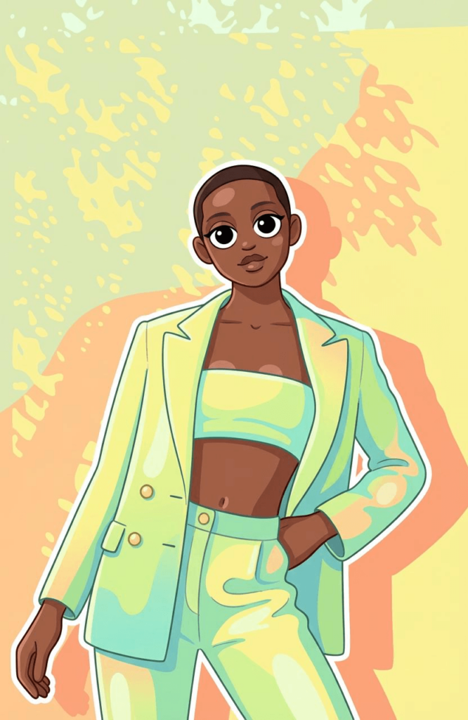 An anime character with short hair wearing a stylish lime green suit and crop top, generated by Sprunki OC Maker.