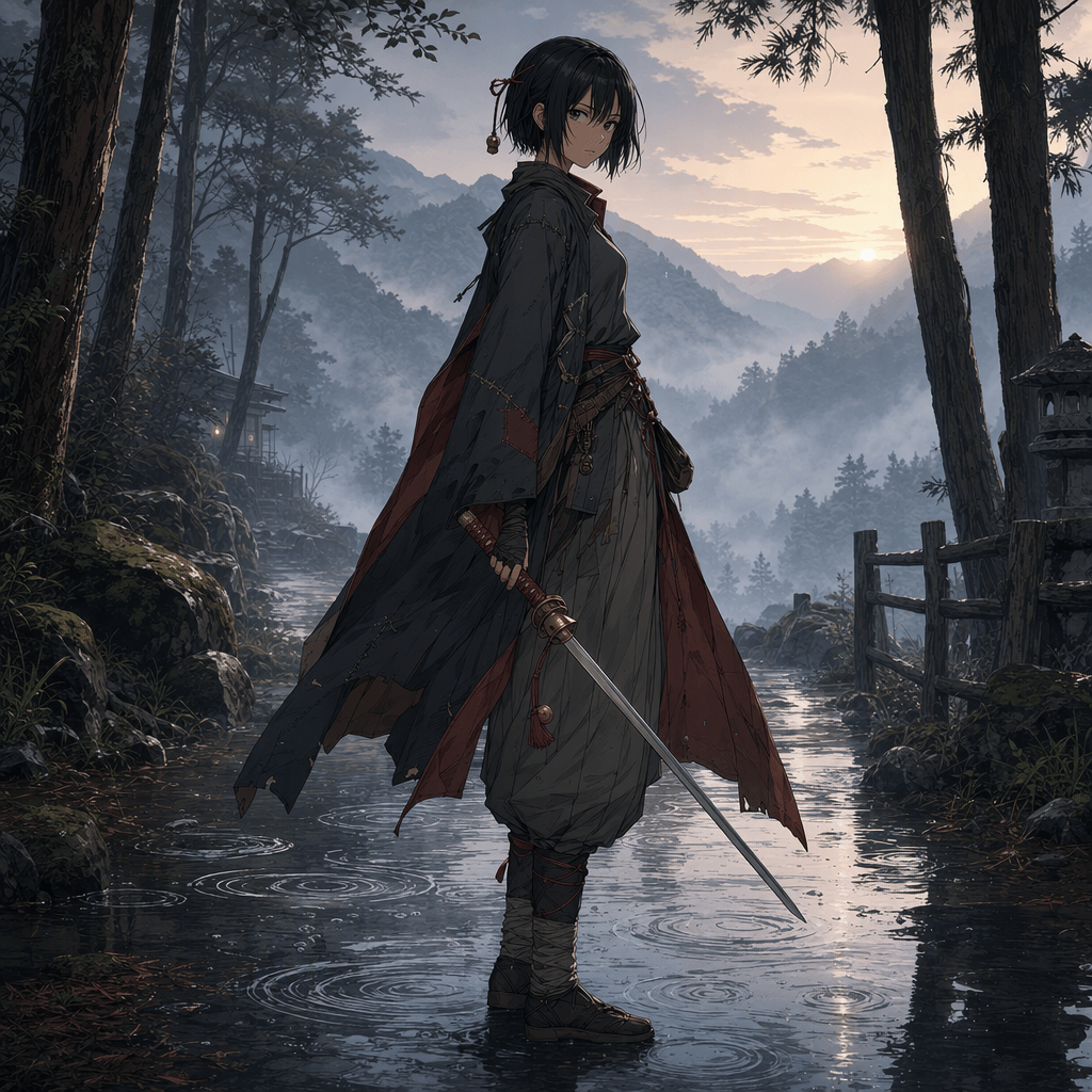 Mio Arakawa stands with her sword on a rain-soaked mountain path in a Demon Slayer OC Maker illustration.